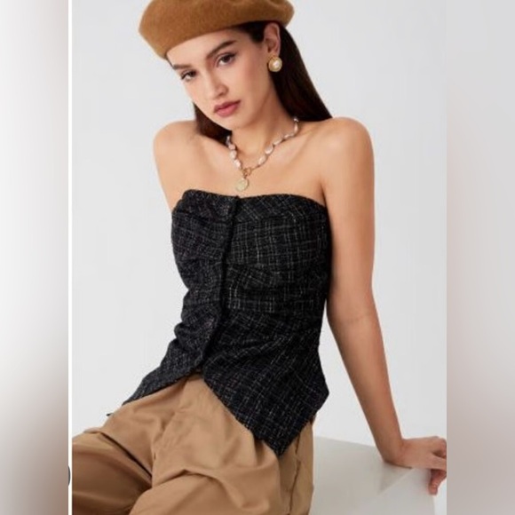 🖤🩶 COMMENSE Tweed Button Ruched Tube Top-SZ M🖤🩶NWT - Picture 6 of 17